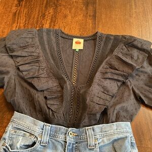 Farm Rio Black Swiss Dot Ruffle Lace Bodysuit Size L